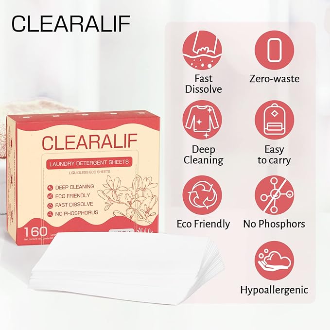 CLEARALIF Laundry Detergent Sheets Up to 160 Loads, Magnolia - Great For Travel,Apartments, Dorms,Laundry Detergent Strips Eco Friendly & Hypoallergenic - 3 PACK
