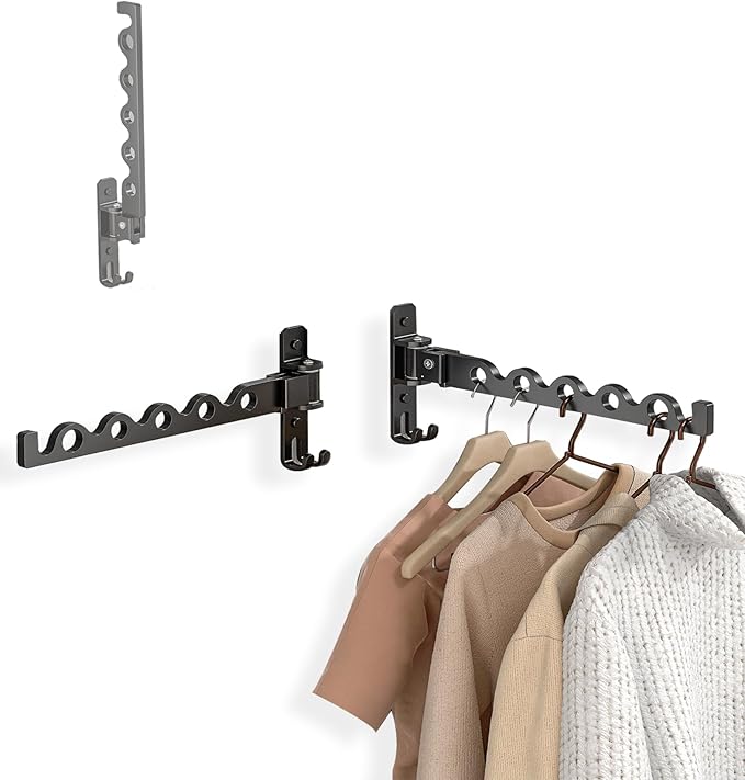 Dr.DJ Wall Hanger for Clothes, Coat Hanger Mounted Matte Black Retractable Clothes Drying Organizer Rack Garment Hooks Aluminium Folding Indoor Space Saver (2 Racks) Black