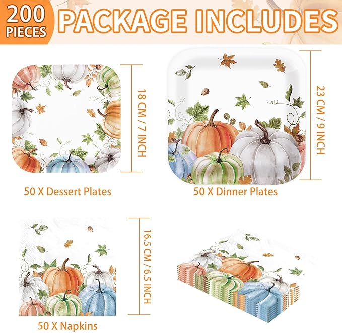 Grencian 200Pcs Fall Plates and Napkins Square Autumn Pumpkin Plates Thanksgiving Paper Platter Tableware Sets for Thanksgiving Harvest Party Decorations, Serves 50