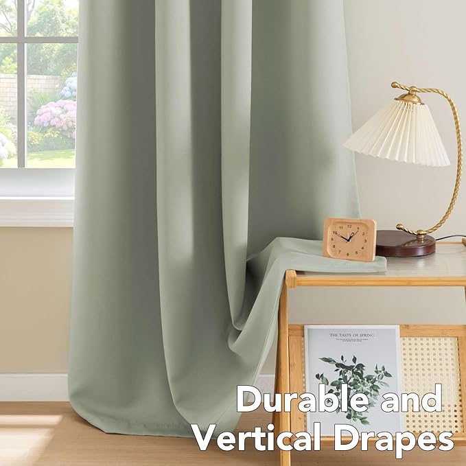 H.VERSAILTEX Blackout Curtains for Bedroom Thermal Insulated Room Darkening Living Room Curtains 72 Inch Long Grommet Privacy Protection Window Curtain Panels/Drapes for Nursery,2 Panels,Light Sage