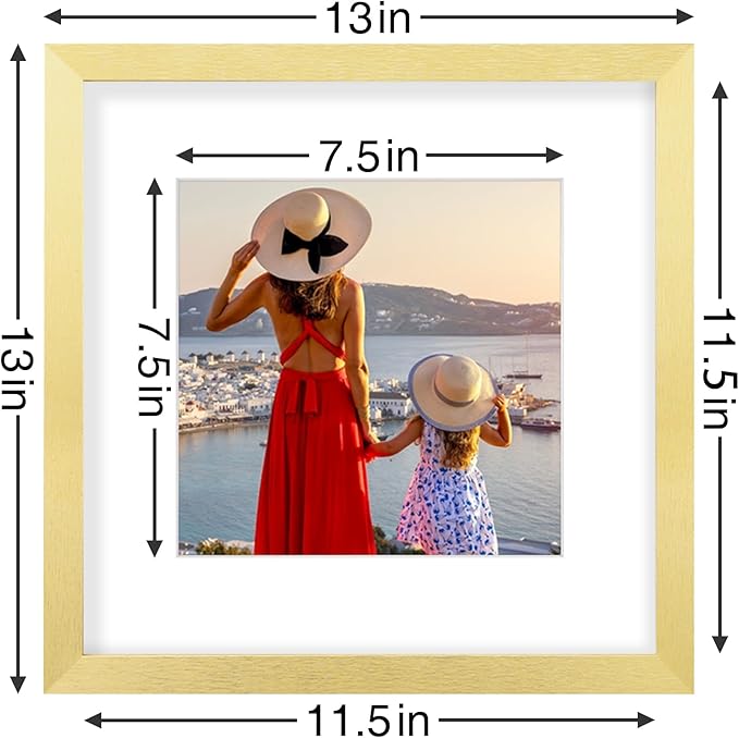 Vittanly 12x12 Picture Frames Set of 9, Shatter Resistant Plexiglass, Display 8x8 Pictures with Mat or 12x12 without Mat, Photo Frames for Wall Mount, Engineered Wood, Gold