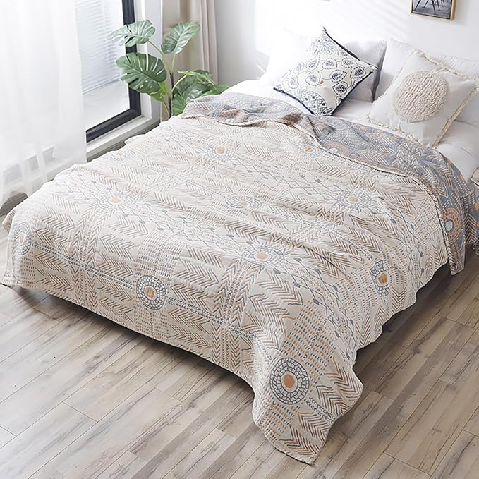 Boho Muslin Blanket for Adults 4-Layer Gauze 80 x 90 Inches Soft Cozy 100% Cotton Summer Cooling Blanket Geometric Stripe Decor for Sofa Bed Coverlet Both Sides (A Boho Stripe, 80 x 90 in)