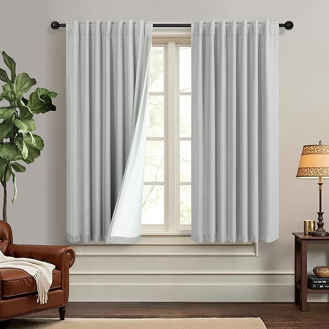 Grey Short Small Window Room Darkening Curtains 54 Inches Long 2 Panel for Bedroom Basement Boho Linen Soundproof Blackout Gray Thermal Curtains for Winter Insulated Drapes Cafe Back Tab 52x54 Length