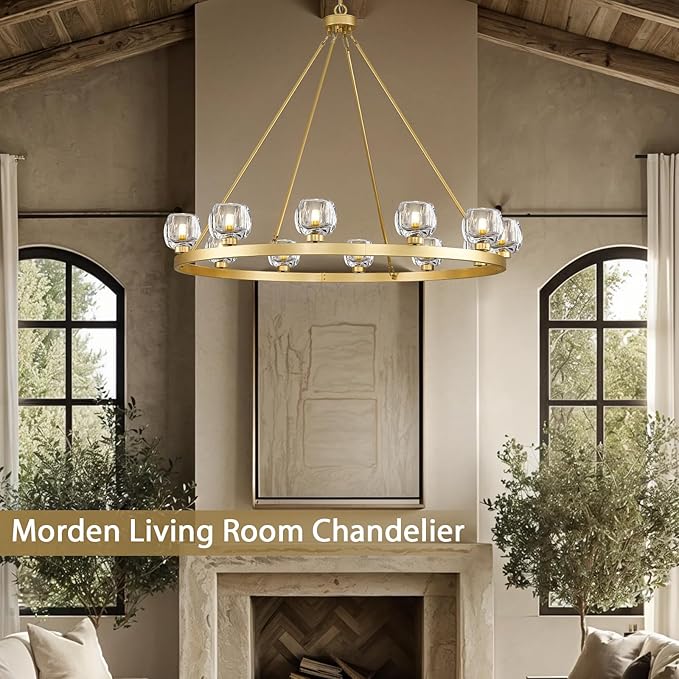 Gold Wagon Wheel Chandelier, 59 Inch Brass Chandeliers with Unique Glass Shade, 15-Light Crystal Large Wagon Wheel Chandeliers for Dining Room, High Ceiling Round Chandelier for Living Room, Foyer