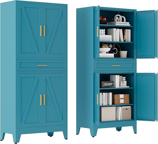 71 "Farmhouse Metal Filing Cabinet with a Drawer and 4 Adjustable Shelves, with 4 Large barn Door White Kitchen Cabinets, Metal Food Cabinets for Home, Kitchen, Dining/Living Room (Peacock Blue)