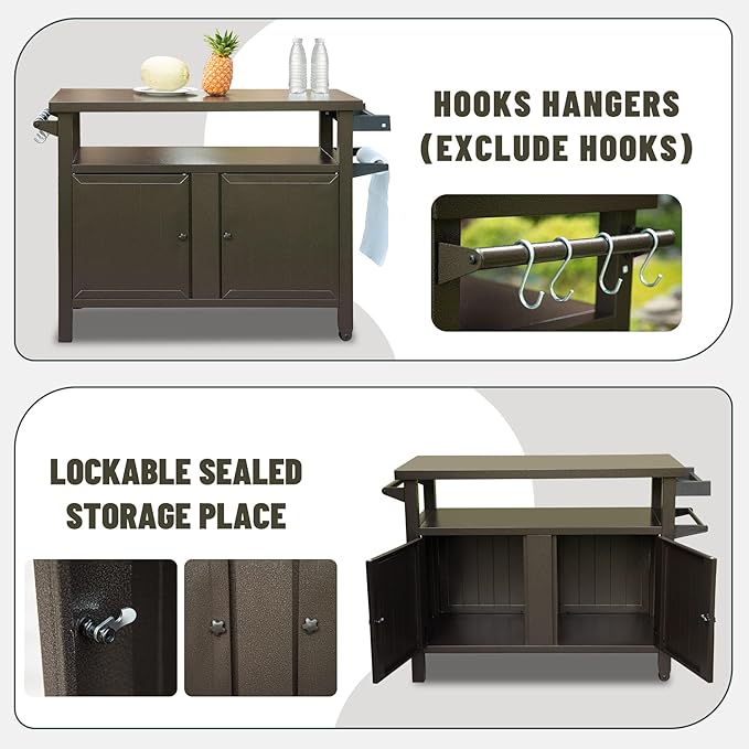 Domi Grill Carts Outdoor with Storage and Wheels, Whole Metal Portable Table and Storage Cabinet for BBQ,Deck,Patio,Backyard (Brown, L45xW20.31xH35.51 Inch)