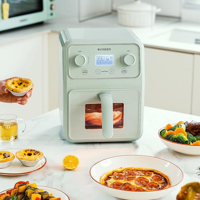 BUYDEEM F51 8-in-1 Air Fryer 4.2QT, Retro Countertop Airfryer Oven with Visible Window, Shake Reminder, One-touch Control with LCD Display, Cozy Greenish