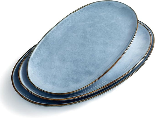 famiware Serving Platter, Oval 15.59/14.3/12.9inch Serving Dishes for Entertaining, Serving Bowls, Reactive Glaze, Stoneware Serving Trays for Party, Food, Turkey, Cheese, Ocean Series, Blue