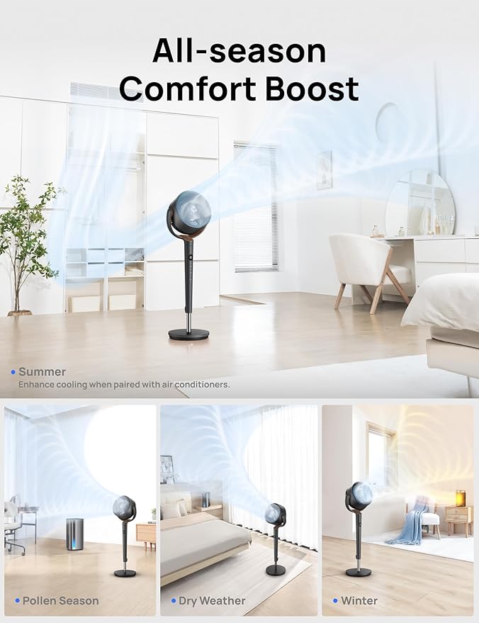 Dreo Fan for Bedroom, 120° Oscillating Standing Fans, Quiet Floor Fan with DC Motor, 100ft Pedestal Fans for Room, 9 Speeds, 4 modes, 20dB, 120° Manual Vertical, 37-42" Adjustable Height, 9H Timer