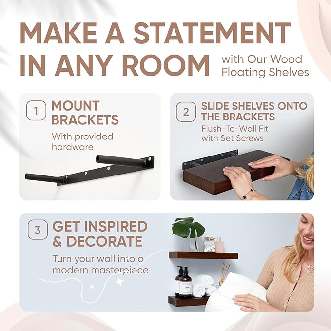 Homeforia Walnut Floating Bathroom Shelves, High End Solid Real Wood 16 inch Small Floating Shelf for Wall Mounted, Dark Brown 16inch Floating Shelves, Heavy Duty Bracket, 16 X 6.5 X 1.75 in, Set of 3