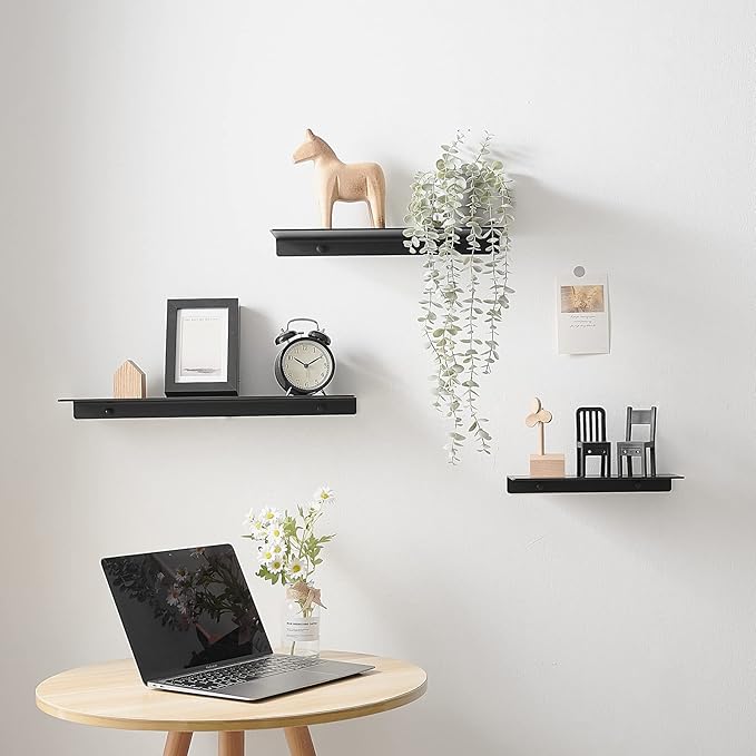 JOOM Black Floating Shelves for Wall Storage, Metal Wall Shelves for Living Room, Bathroom, Kitchen, 16” Display Shelves for Collectibles(2 PCS)