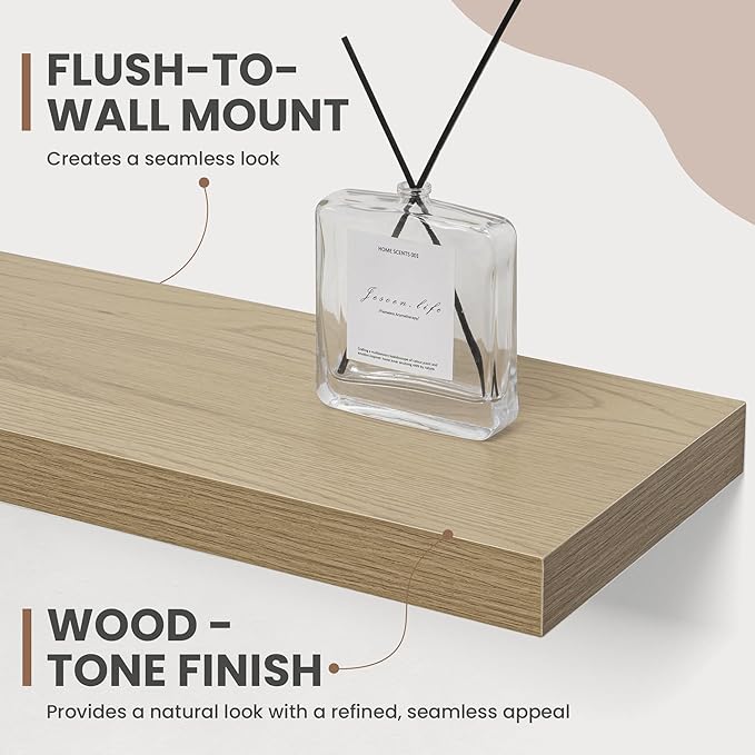 48 Inch Floating Shelves, 8 Inch Deep Floating Shelves for Wall, Hanging Shelf with Invisible Brackets, Deep Shelves for Bathroom, Bedroom, Living Room, Oak, Set of 1