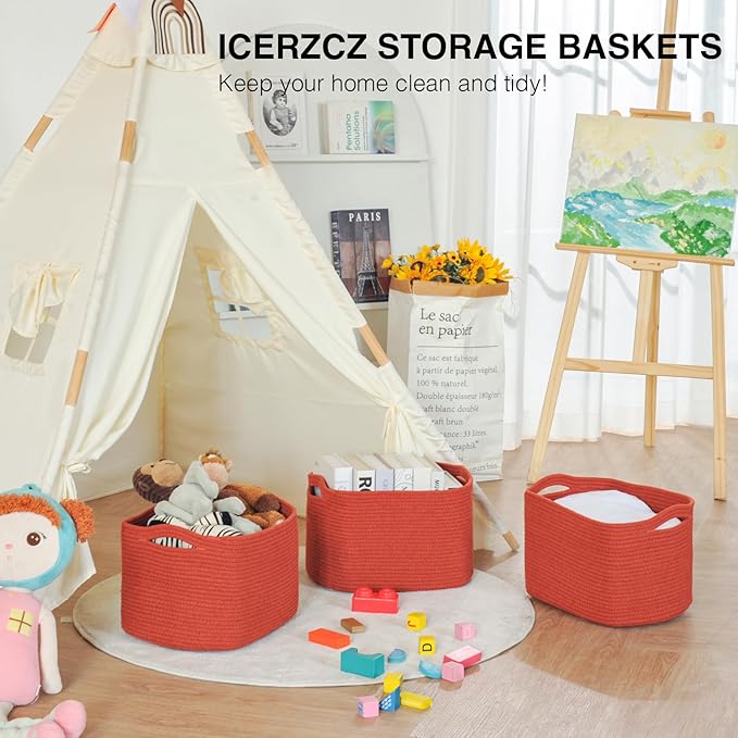 Storage Baskets for Organizing, Storage Basket for Shelves, Toy Towel Basket for Bathroom Nursery, Woven Cotton Rope Baskets for Decor, 15"x11"x9.5", 3 Packs, Brick Red