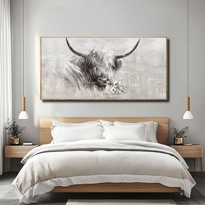 Farmhouse Wall Decor Framed Cow Artwork Grey Vintage Wall Art Canvas Flower Print Rustic Animal Pictures Style for Bedroom Dining Room 24x48 Inch