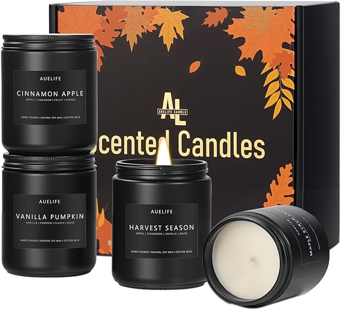 Fall Candle Set | 4 Pack Scented Candles - Autumn Soy Candles for Home Scented, Aromatherapy Gifts for Women, Thanksgiving & Fall Decor - Pumpkin, Apple, Latte & Harvest Scents