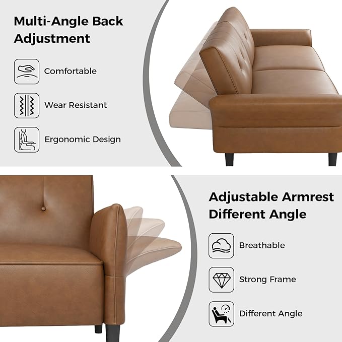 89” Futon Sofa Bed, Faux Leather Futon Couch Bed with 2 Square Pillows, Convertible Sleeper Sofa with Adjustable Backrest& Armrests, Modern Loveseat Sleeper for Living Room, Bedroom, Brown