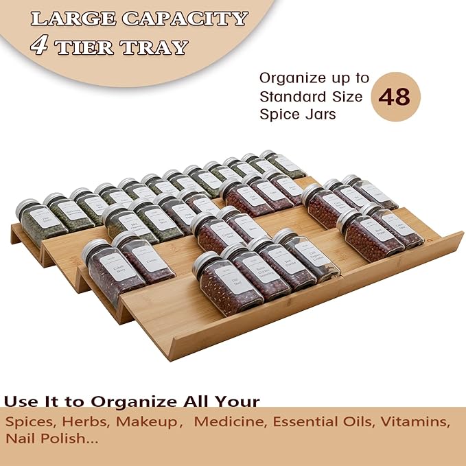 Bamboo Spice Rack Drawer Organizer - 8 Pieces Set- 11" Wide Per Piece - Combine Pieces Into 22" Wide Rack (11" or 22")