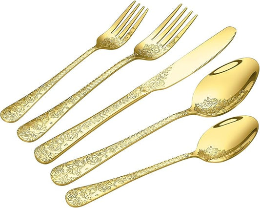 Floral 20 Pcs Gold Silverware Set for 4, Food Grade Stainless Steel Flatware Set with Rose Flower Embossed Design, Eating Utensils Sets Include Fork/Knife/Spoon, Reusable Cutlery Set, Dishwasher Safe