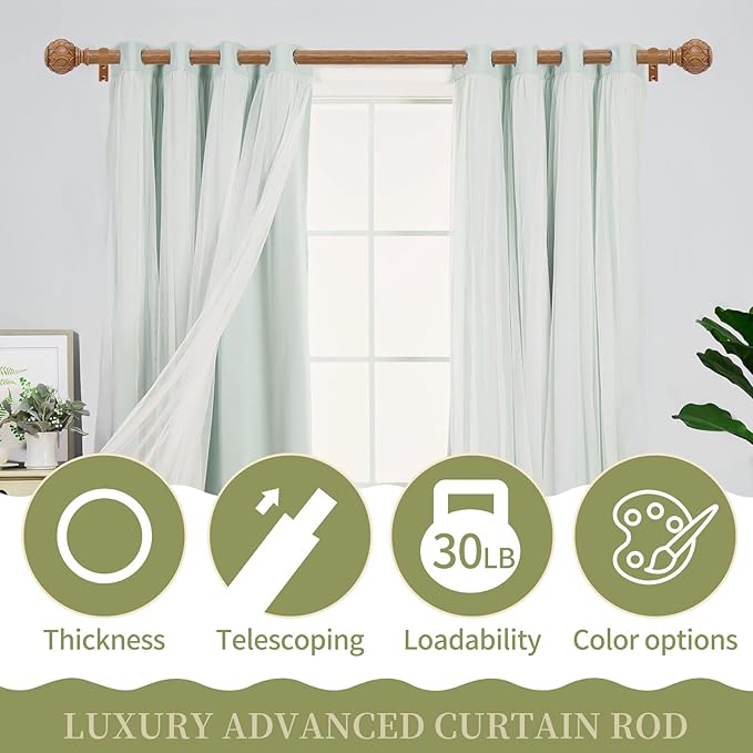 2 Pack Wood Curtain Rods for Windows 48 to 84 Inch(4-7ft),1 Inch Adjustable Curtain Rod,Heavy Duty Curtain Rods,Wooden Netted Texture Drapery Rods,Single Window Curtain Rod 36-88",Brown Wood