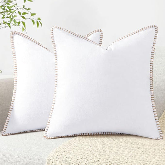 decorUhome Chenille Soft Throw Pillow Covers 26x26 Set of 2, Farmhouse Velvet Neutral Decorative Euro Pillow Covers with Stitched Edge for Couch Sofa Bed Home Decor, White