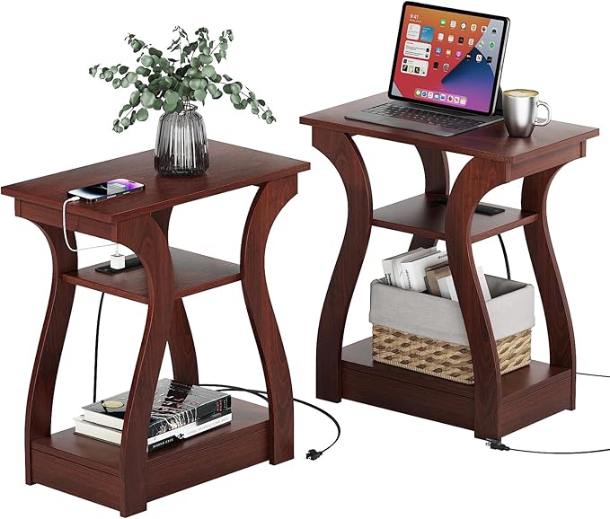 End Tables Living Room Set of 2,Cherry End Table with Charging Station,Side Table, Nightstand for Bedroom, 3 Tier End Table with Storage Shelf for Living Room(Cherry)