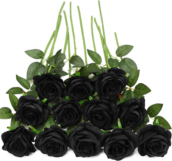 Black Fake Roses Artificial Flowers - 16 Pcs Fake Artificial Roses Silk Flowers with Stems for Home Wedding Hotel Office Centerpiece Decor