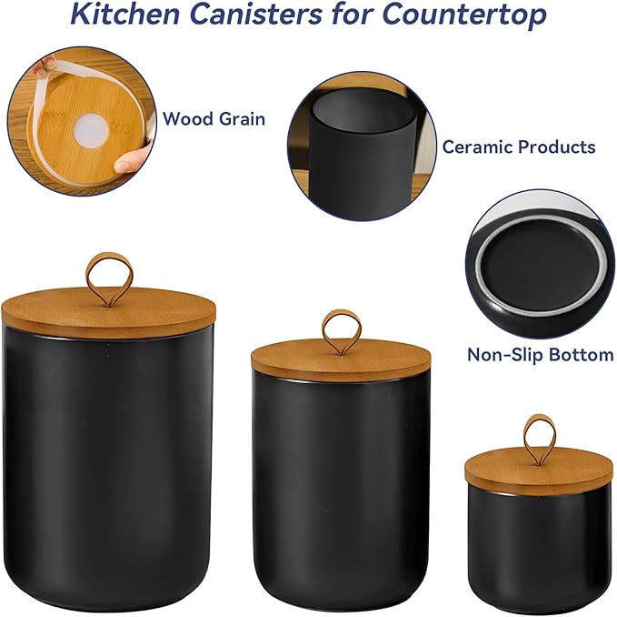 Ceramic Storage Jars, Modern Elegant Highly Polished Airtight Gorgeous Storage Canisters with Wooden Lid Small Food Stroage Jar for Kitchen Spice Tea Vanilla Sugar Coffee Beans (Black-3Pcs)
