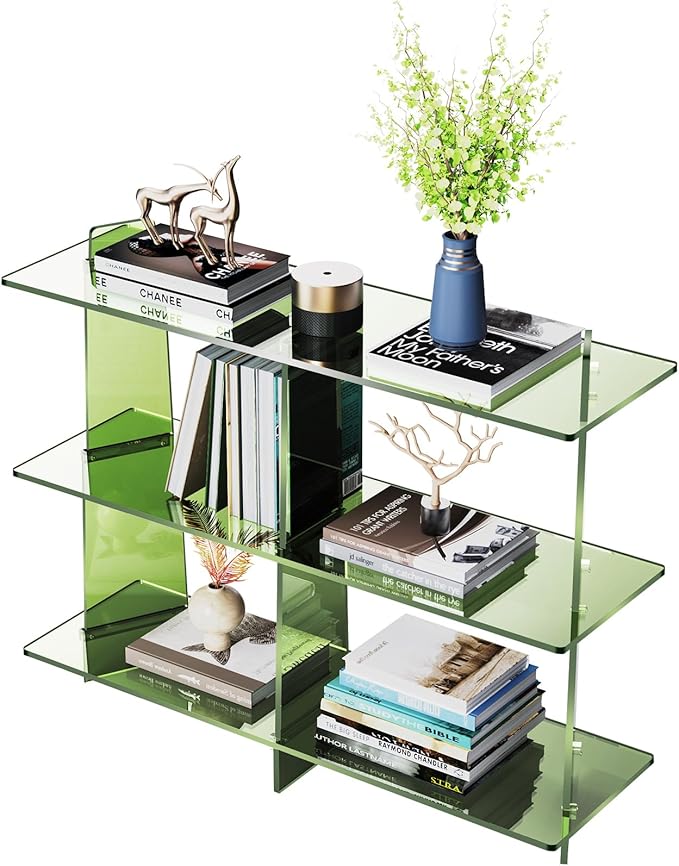 Acrylic Bookshelf, Small 3 Tier Open Bookcase for Small Spaces,Sofa Table, Hallway Entry Table for Home Living Room (Green, 39.4'' x 11.8'' x 31.5'')
