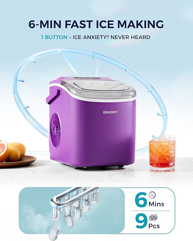 EUHOMY Countertop Ice Maker Machine with Handle, 26lbs Per Day, 9 Ice Cubes Ready in 6 Mins, Auto-Cleaning Portable Ice Maker with Basket and Scoop, for Home/Kitchen/Camping/RV (Purple)