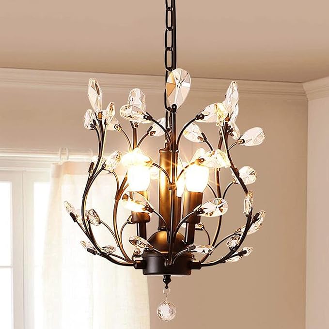 Ganeed Vintage K9 Clear Crystal Chandeliers,Ceiling Lighting,Pendant Lighting Flush Mounted Fixture with 3 Light for Living Room Dinning Room Restaurant Porch Hallway (Black)