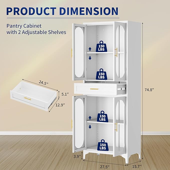 75” Tall Kitchen Pantry Storage Cabinet, Metal Storage Cabinet with 1 Drawer and Adjustable Shelves, Kitchen Pantry Cupboard, Freestanding Cupboard for Bathroom (White-4 Doors and 1 Drawer)