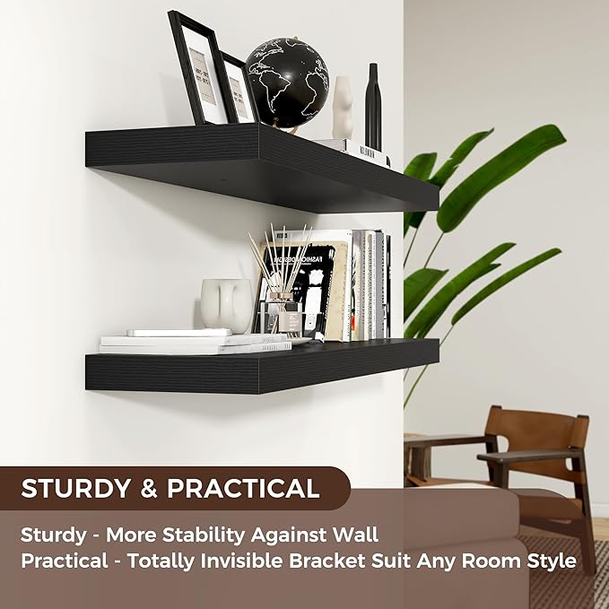 Floating Shelves - 2 Large Wall Mounted Shelves with Invisible Brackets, Long Wood Floating Wall Shelf for Living Room, Bedroom, Kitchen (Black, 36" W x 9" D x 1.5" H)