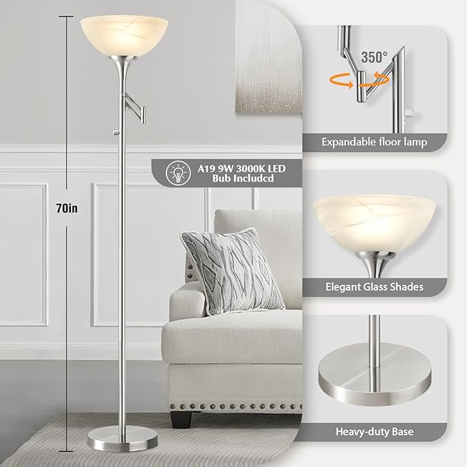 Floor Lamps for Living Room Silver, 70" Tall Standing Lamp with Glass Shade, Bedroom Floor Lamp with 350°Adjustable Swing Arm Lamp, Pole lamp for Bedroom, Living Room, Office, Bulbs Included
