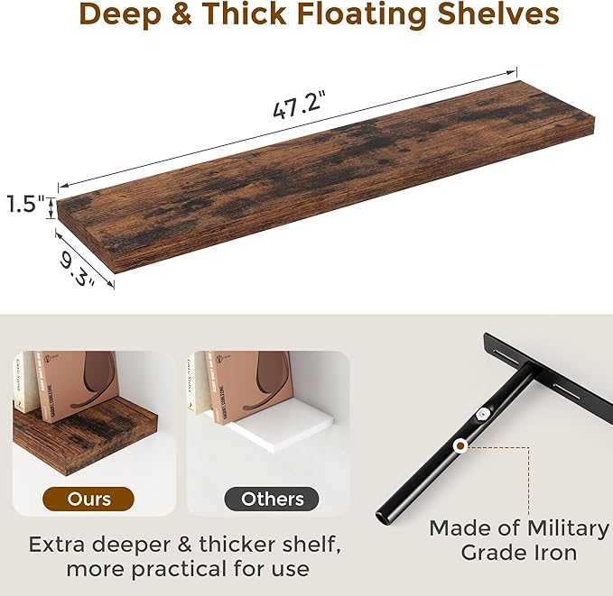 48 Inch Floating Shelves Set of 2, Rustic 48 x 9 Floating Shelf for Wall, 9 Inch Deep Bookshelf Invisible Bracket, Wall-Mounted Deep Shelving for Bedroom, Kicten, Living Room, Rustic Brown Color