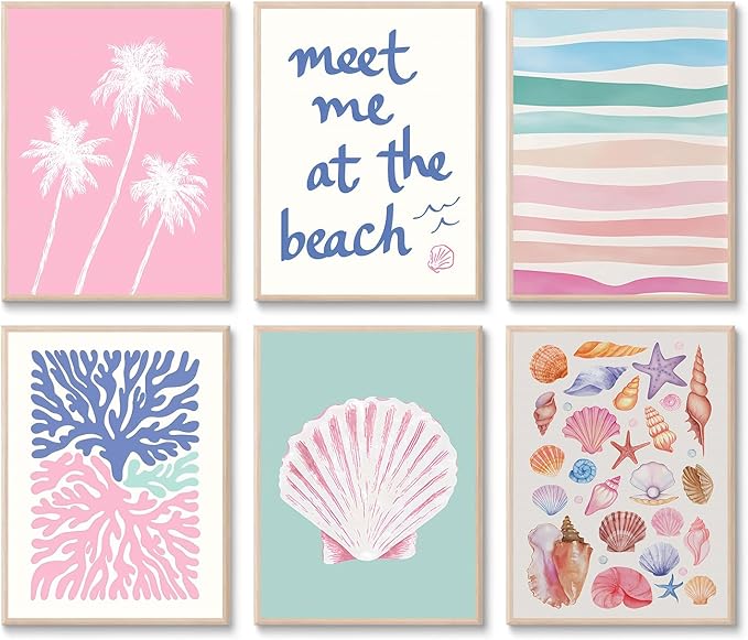 6 Pcs Coastal Beachy Wall Art Tropical Summer Shell Ocean Paintings Prints Posters Trendy Pink Preppy Palm Tree Canvas Wall Decor Aesthetic for Bedroom Living Room Dorm Apartment 8x10inch Unframed