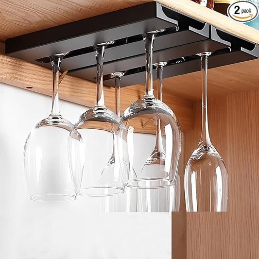 2Pcs Wine Glass Holder，Stemware Rack Plastic Punch-free Hanging Under Cabinet for Bar,Kitchen and Restaurant (black)