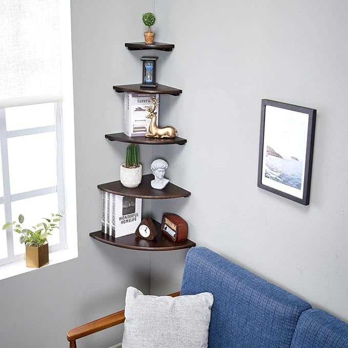 Corner Shelves, Floating Corner Shelf, Set of 3 Solid Oak Wood Corner Wall Shelves, Round End with Wire Hole Shelving for Small Plant for Bedroom Kitchen, Living Room (Size 9/10/12in)