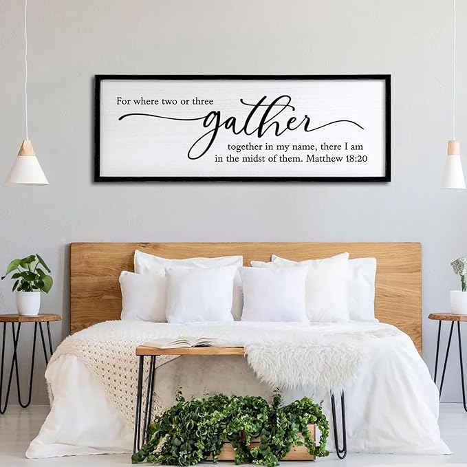 For Where Two or Three Gather in My Name, There I am in the Midst of Them Bible Verse Framed Wall Art, 40''×15'' Rustic Religious Christian Matthew 18:20 Sign, Inspirational Catholic Scripture Decor