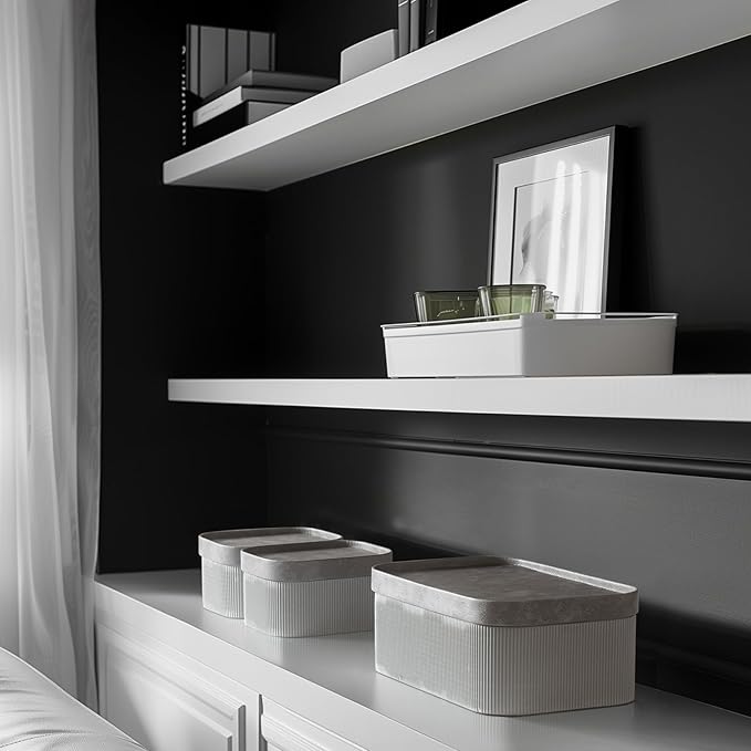 La Jolie Maison Fluted Cardboard Storage Baskets with Vegan Leather Lids, Sturdy Stackable Paper Boxes Decorative Tray, Modern Basket Organizer Bins Bathroom Bedroom Organizing, Storm Grey, Set of 3