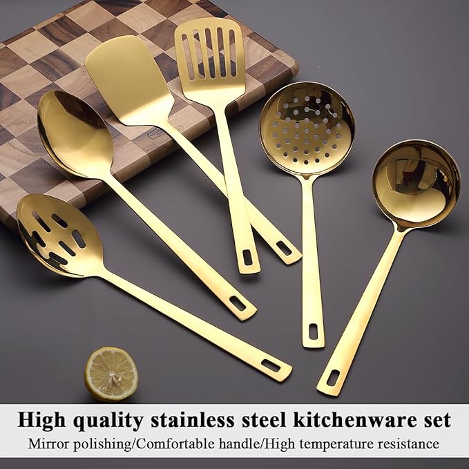 Evanda Gold Kitchen Utensils Set 6pcs, Titanium Plating Stainless Steel Cooking Utensils Set, Heavy Duty Kitchen Tools Spatulas Set, Home Essentials Kitchen Gadgets Accessories