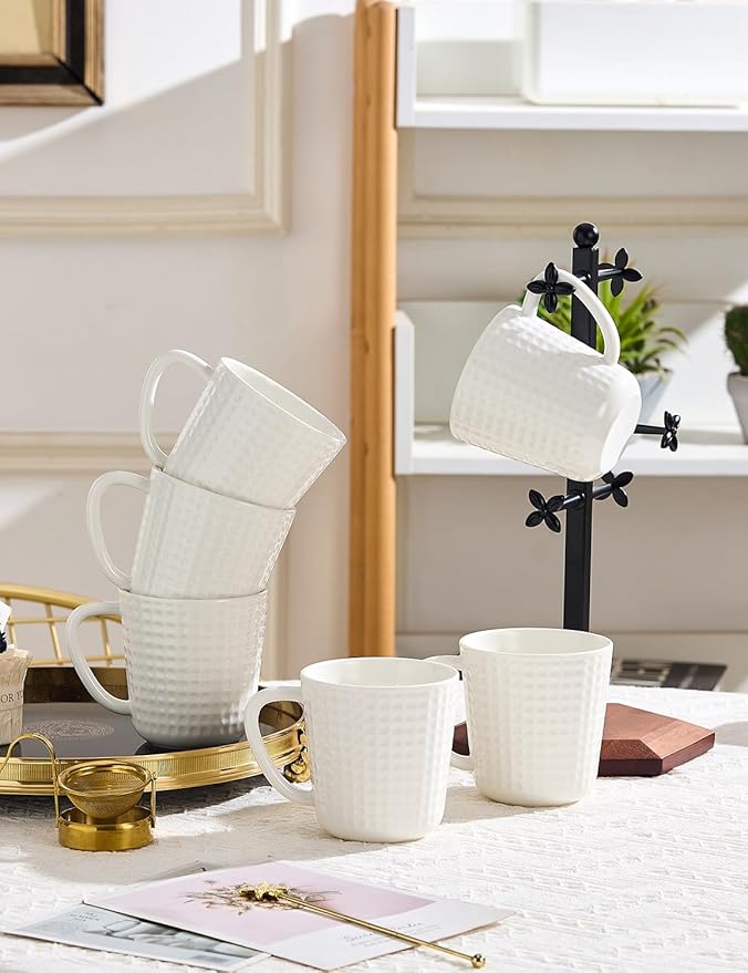 Ceramic Coffee Mugs 15 oz, Large Waffle Embossed Mug Set, Coffee Cups for Latte, Cappuccino, Cocoa, Hot Tea, Mocha, Milk, Housewarming Wedding Present, Microwave & Dishwasher Safe - Set of 6 (White)