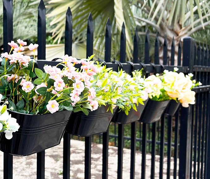 6 Pack Metal Hanging Planter for Outdoor Plants, 10 Inch Black Fence Planters Railing Pots for Garden Patio Balcony Decor, Flower Bucket with Detachable Hooks (Black, 6Pcs)
