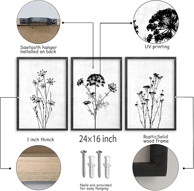 Flower Plant Wall Art Decor 24"x16" Set of 3 Black And White Botanical Painting Wood Framed For Minimalist Bedroom Office Rustic Living Room Abstract Wildflower Sign Hanging (Black)