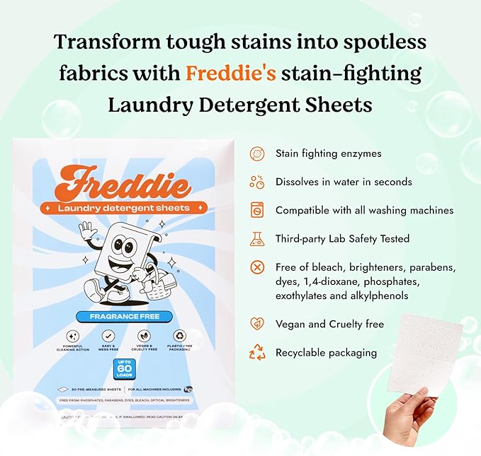 Freddie Low-Waste Laundry Detergent Sheets – Jug Free Format – Pre-Measured Strips – 60 Loads – Unscented for Sensitive Skin