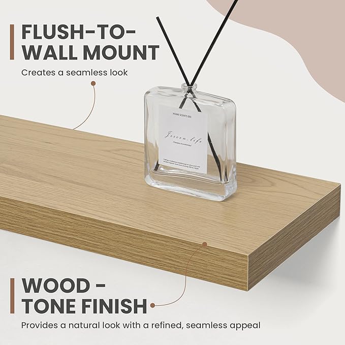 40 Inch Floating Shelves, 8 Inch Deep Floating Shelves for Wall, Hanging Shelf with Invisible Brackets, Deep Shelves for Bathroom, Bedroom, Living Room, Oak, Set of 2