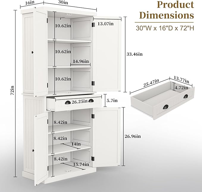 ARTPOWER 72" Tall Kitchen Pantry Storage Cabinet with Drawer and Adjustable Shelves, Pantry Cabinet for Kitchen, Bathroom or Hallway, White