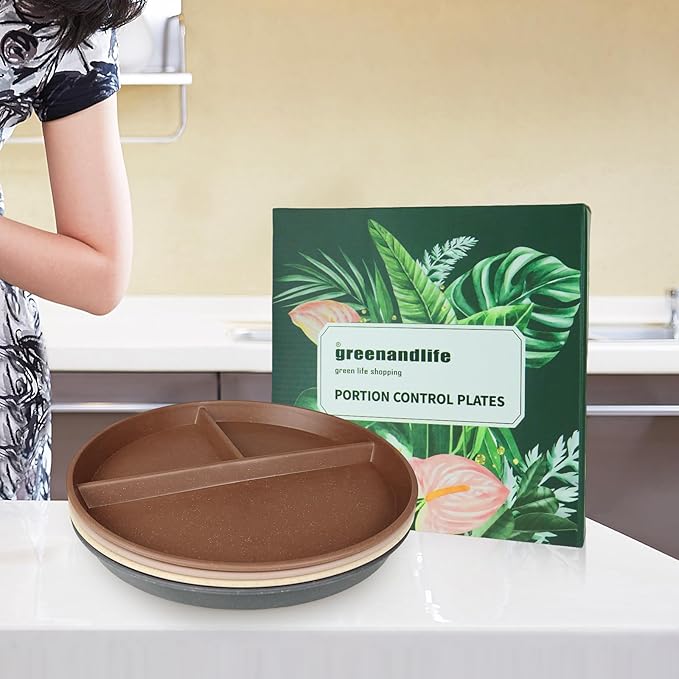 greenandlife 9 Inch 4PCS Unbreakable Portion Control Plates, Divided Plates for Kids Adults, Dishwasher & Microwave Safe Compartment Plate, Lightweight Reusable Wheat Straw Plate, BPA Free