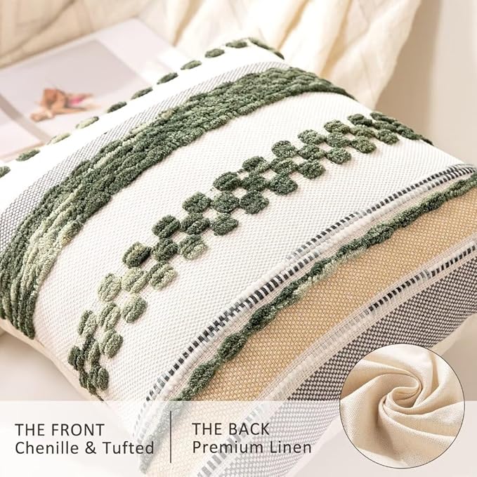 Boho Throw Pillow Covers 18x18 Set of 2 Christmas Decorative Cushion Case Striped Square Pillows Cover Chenille Pillow Cases Accent Neutral Pillowcase for Sofa Couch Bed,Dark Green