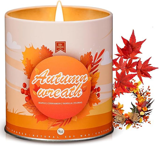 Autumn Wreath Fall Candles for Home Scented Natural Soy Wax Non Toxic Birthday Candles Scented Candle 40 Hours Bruning 9oz Aromatherapy Candle Gifts for Women Halloween Birthday Thanksgiving