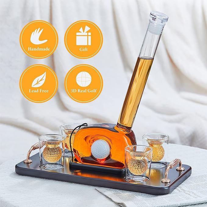 Golf Whiskey Decanter Set with 4 Golf Ball Shot Glasses, Unique Golf Gifts for Men Women, 750ml Golf Themed Liquor Dispenser, Golf Club Drink Dispenser for Bourbon, Scotch, Vodka, Tequila